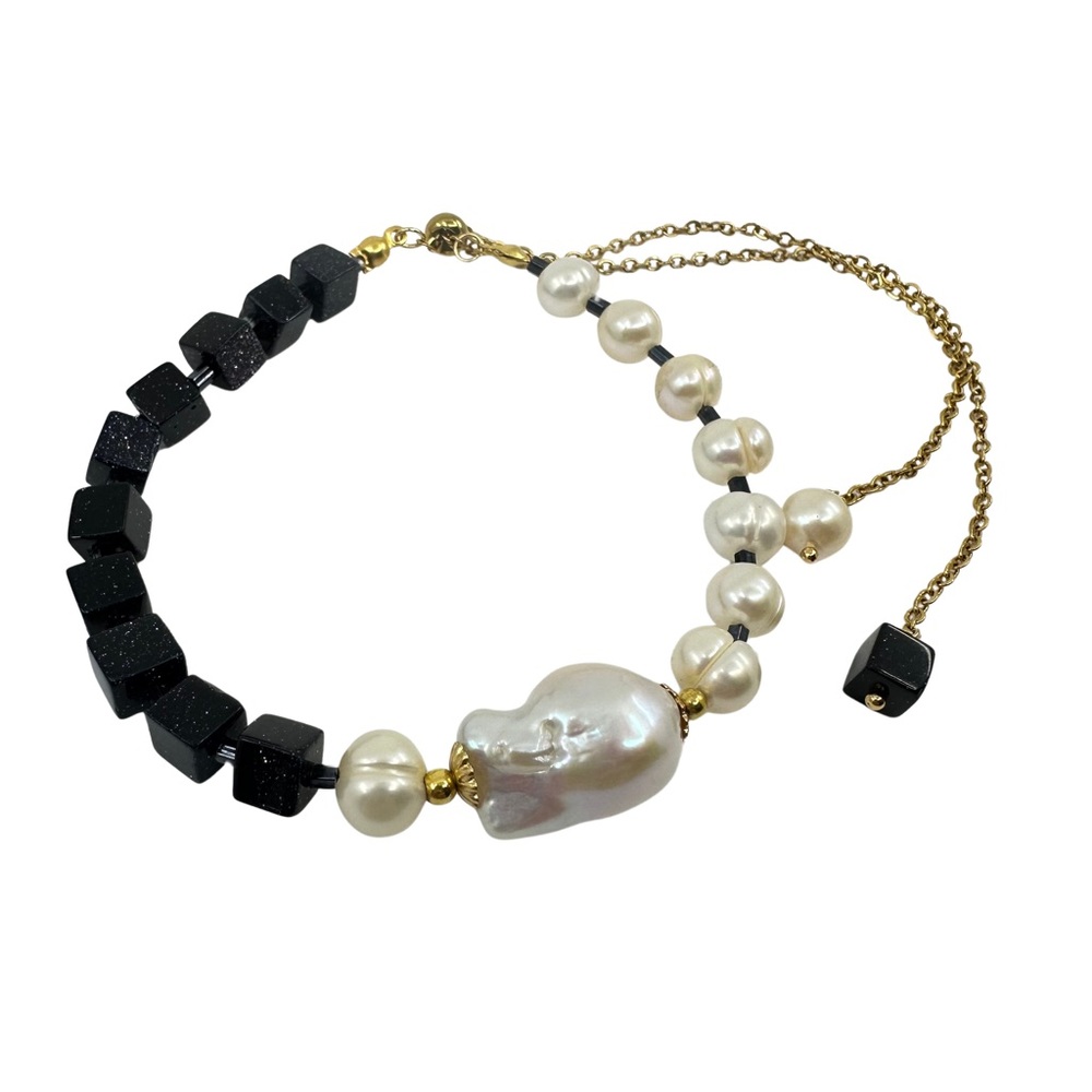 #317 New Handmade Natural Pearls and Goldstone Gems Bracelet Adjustable